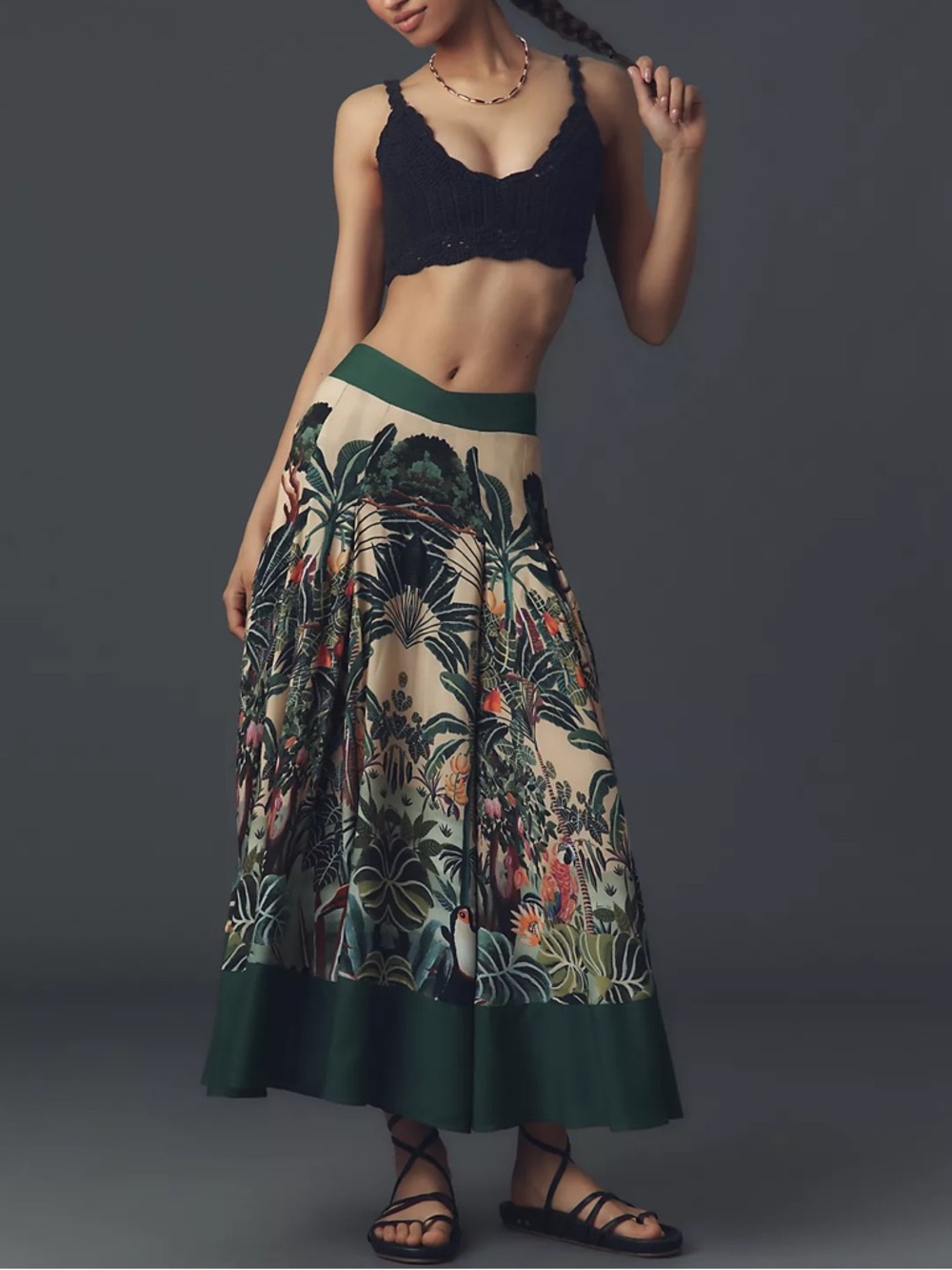 Farm Rio Jungle Print V-Waist Midi Skirt tropical forest